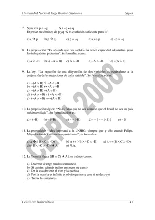 Universidad Nacional Jorge Basadre Grohmann                                              Lógica



7. Sean R ≡ p ∧ ~q;         S ≡ ~p ↔ q
   Expresar en términos de p y q “S es condición suficiente para R”:

   a) q    p      b) p     q        c) p ∧ ~q          d) q ↔ p             e) ~p ∨ ~q


8. La proposición: “Es absurdo que, los sueldos no tienen capacidad adquisitiva, pero
   los trabajadores protestan”. Se formaliza como:

   a) A ∨ ~B      b) ~( ~A ∧ B)     c) A ∧ ~B          d) ~A ∧ ~B           e) ~(A ∧ B)


9. La ley: “La negación de una disyunción de dos variables es equivalente a la
   conjunción de las negaciones de cada variable”. Se formaliza como:

   a)   ~(A ∨ B) ~A ∧ ~B
   b)   ~(A ∨ B) ↔ ~A ∨ ~B
   c)   ~(A ∧ B) ∨ (A ∨ B)
   d)   (~A ∧ ~B) ∨ ( ~A ∧ ~B)
   e)   (~A ∧ ~B) ↔ ~(A ∨ B)


10. La proposición lógica: “No es falso que no sea correcto que el Brasil no sea un pais
    subdesarrollado”. Su formalización es:

   a) ~ (~B)      b) ~ (~B)         c) ~ ~ (~B)        d) ~ ~ [ ~ ~ (~B) ]       e) ~ B


11. La proposición “Alex ingresará a la UNJBG, siempre que y sólo cuando Felipe,
    Miguel además Raúl no sean postulantes”, se formaliza:

   a) A ( B ∧ C ∧ ~D)               b) A ↔ (~B ∧ ~C ∧ ~D)           c) A ↔ (B ∧ C ∧ ~D)
   d) (~B ∧ ~C ∧ ~D) A              e) N.A.


12. La fórmula lógica [(B ∧ C)      A], se traduce como:

   a)   Duermo si tengo sueño o cansancio
   b)   Si camino además trajino entonces me canso
   c)   De la uva deviene el vino y la cachina
   d)   Por la materia es infinita es obvio que no se crea ni se destruye
   e)   Todas las anteriores.




Centro Pre Universitario                                                                    41
 