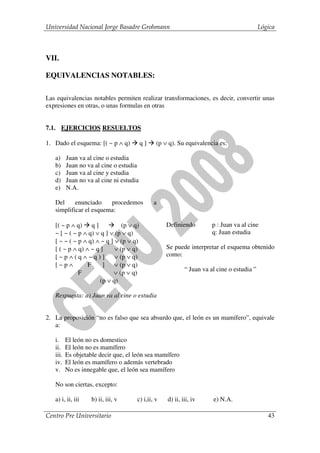 Universidad Nacional Jorge Basadre Grohmann                                                Lógica



VII.

EQUIVALENCIAS NOTABLES:

Las equivalencias notables permiten realizar transformaciones, es decir, convertir unas
expresiones en otras, o unas formulas en otras


7.1. EJERCICIOS RESUELTOS

1. Dado el esquema: [( ~ p ∧ q)           q]   (p ∨ q). Su equivalencia es:

   a)     Juan va al cine o estudia
   b)     Juan no va al cine o estudia
   c)     Juan va al cine y estudia
   d)     Juan no va al cine ni estudia
   e)     N.A.

   Del     enunciado    procedemos             a
   simplificar el esquema:

   [( ~ p ∧ q) q ]             (p ∨ q)             Definiendo         p : Juan va al cine
   ~ [ ~ ( ~ p ∧ q) ∨ q ] ∨ (p ∨ q)                                   q: Juan estudia
   [ ~ ~ ( ~ p ∧ q) ∧ ~ q ] ∨ (p ∨ q)
   [ ( ~ p ∧ q) ∧ ~ q ]     ∨ (p ∨ q)              Se puede interpretar el esquema obtenido
   [~p∧(q∧~q)]              ∨ (p ∨ q)              como:
   [~p∧          F     ]    ∨ (p ∨ q)
                                                           “ Juan va al cine o estudia ”
             F             ∨ (p ∨ q)
                      (p ∨ q)

   Respuesta: a) Juan va al cine o estudia


2. La proposición “no es falso que sea absurdo que, el león es un mamífero”, equivale
   a:

   i.     El león no es domestico
   ii.    El león no es mamífero
   iii.   Es objetable decir que, el león sea mamífero
   iv.    El león es mamífero o además vertebrado
   v.     No es innegable que, el león sea mamífero

   No son ciertas, excepto:

   a) i, ii, iii    b) ii, iii, v     c) i,ii, v   d) ii, iii, iv     e) N.A.

Centro Pre Universitario                                                                      43
 