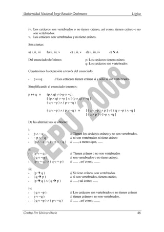 Universidad Nacional Jorge Basadre Grohmann                                                Lógica



   iv. Los cetáceos son vertebrados o no tienen cráneo, así como, tienen cráneo o no
       son vertebrados.
   v. Los cetáceos son vertebrados y no tiene cráneo.

   Son ciertas:

   a) i, ii, iii     b) ii, iii, v      c) i, ii, v   d) ii, iii, iv     e) N.A.

   Del enunciado definimos                            p: Los cetáceos tienen cráneo.
                                                      q: Los cetáceos son vertebrados

   Construimos la expresión a través del enunciado:

   •      p↔q               // Los cetáceos tienen cráneo si y solo si son vertebrados

   Simplificando el enunciado tenemos:

   p↔q ≡             (p ∧ q) ∨ (~p ∧ ~q)
                     [ (p ∧ q) ∨ ~p ] ∧ [ (p ∧ q) ∨ ~q ]
                     ( q ∨ ~p ) ∧ ( p ∨ ~q )

                     ( q ∨ ~p ) ∧ ( p ∨ ~q ) ≡        [ ( q ∨ ~p ) ∧ p ] ∨ [ ( q ∨ ~p ) ∧ ~q ]
                                                      [ ( q ∧ p ] ∨ [~p ∧ ~q ]

   De las alternativas se obtiene:

   i:
   •      p∧~q                          // Tienen los cetáceos cráneo y no son vertebrados.
   •      ~p∧~q                         // ni son vertebrados ni tiene cráneo
   •      (p ∧ ~ q ) ∨ ( ~ p ∧ ~ q )    // ......, a menos que, ......

   ii:
   •      (p ∨ ~ q )                    // Tienen cráneo o no son vertebrados
   •      (q∨~p)                        // son vertebrados o no tiene cráneo.
   •      (p ∨ ~ q ) ∧ ( q ∨ ~ p )      // ...... , así como, .......

   iii:
   •      (p       q)                   // Si tiene cráneo, son vertebrados
   •      (q       p)                   // si son vertebrados, tienen cráneo.
   •      (p       q)∧(q       p)       // ......; tal como; ......

   iv:
   •      ( q ∨ ~p )                    // Los cetáceos son vertebrados o no tienen cráneo
   •      p ∨ ~q )                      // tienen cráneo o no son vertebrados.
   •      ( q ∨ ~p ) ∧ ( p ∨ ~q )       // ...... , así como, .......


Centro Pre Universitario                                                                         46
 