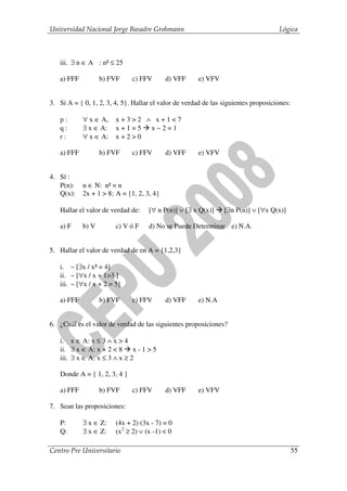Universidad Nacional Jorge Basadre Grohmann                                         Lógica



   iii. ∃ n ∈ A : n² ≤ 25

   a) FFF          b) FVF     c) FFV       d) VFF      e) VFV


3. Si A = { 0, 1, 2, 3, 4, 5}. Hallar el valor de verdad de las siguientes proposiciones:

   p:       ∀ x ∈ A,    x+3>2 ∧ x+1<7
   q:       ∃ x ∈ A:    x+1=5 x~2=1
   r:       ∀ x ∈ A:    x+2>0

   a) FFF          b) FVF     c) FFV       d) VFF      e) VFV


4. Sí :
   P(n):    n ∈ N: n² = n
   Q(x):    2x + 1 > 8; A = {1, 2, 3, 4}

   Hallar el valor de verdad de:    [∀ n P(n)] ∨ [∃ x Q(x)]     [∃n P(n)] ∨ [∀x Q(x)]

   a) F     b) V        c) V ó F    d) No se Puede Determinar e) N.A.


5. Hallar el valor de verdad de en A = {1,2,3}

   i. ~ [∃x / x² = 4]
   ii. ~ [∀x / x + 1>3 ]
   iii. ~ [∀x / x + 2 = 5]

   a) FFF          b) FVF     c) FFV       d) VFF      e) N.A


6. ¿Cuál es el valor de verdad de las siguientes proposiciones?

   i. x ∈ A: x ≤ 3 ∧ x > 4
   ii. ∃ x ∈ A: x + 2 < 8 x - 1 > 5
   iii. ∃ x ∈ A: x ≤ 3 ∧ x ≥ 2

   Donde A = { 1, 2, 3, 4 }

   a) FFF          b) FVF     c) FFV       d) VFF      e) VFV

7. Sean las proposiciones:

   P:       ∃ x ∈ Z:    (4x + 2) (3x - 7) = 0
   Q:       ∃ x ∈ Z:    (x2 ≥ 2) ∨ (x -1) < 0

Centro Pre Universitario                                                                    55
 