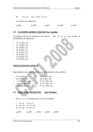 Universidad Nacional Jorge Basadre Grohmann                                  Lógica



    R:       ∃ x ∈ Z:   (4x + 2) (3x – 7) = 0

    Los valores de verdad son:

    a) FFF              b) FVF            c) FFV            d) VFF       e) VFV


8.4. CUANTIFICADORES LÓGICOS: Dos Variables

Una Proposición de dos variables es de la forma:       P(x, y) en el cual existen 8
posibilidades de determinar:

•   ∀x ∀y [P(x, y)]
•   ∀y ∀x [P(x, y)]
•   ∃x ∃y [P(x, y)]
•   ∃y ∃x [P(x, y)]
•   ∃x ∀y [P(x, y)]
•   ∃y ∀x [P(x, y)]
•   ∀x ∃y [P(x, y)]
•   ∀y ∃x [P(x, y)];


EQUIVALENCIAS LOGICAS


Equivalencias entre cuantificadores con dos predicados (dos variable).

•   ∀x ∀y [P(x, y)]            ≡    ∀y ∀x [P(x, y)]
•   ∃x ∃y [P(x, y)]            ≡    ∃y ∃x [P(x, y)]
•   ~ {∀x ∀y [P(x, y)]}        ≡    ∃x ∃y ~[P(x, y)]
•   ~ {∀x ∃y [P(x, y)]}        ≡    ∃x ∀y ~[P(x, y)]
•   ~ {∃x ∃y [P(x, y)]}        ≡    ∀x ∀y ~[P(x, y)]


8.5. EJERCICIOS RESUELTOS                 (Dos Variables)


1. Si A = { 1, 2, 3} Determinar el valor de verdad de:

    i. ∃x, ∃y: x² < y +1
    ii. ∀x, ∀y: x² + y² < 12
    iii. ∀x, ∃y: x² + y²< 12

    a) FFV        b) FFF       c) VVF     d) VFV       e) FVF



Centro Pre Universitario                                                          56
 