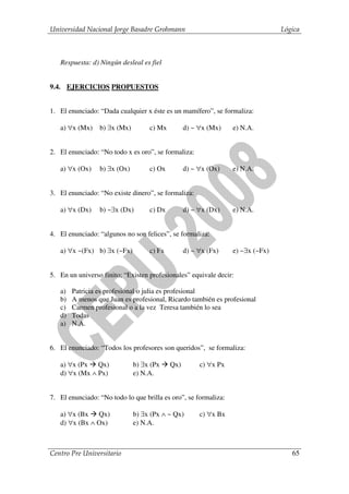 Universidad Nacional Jorge Basadre Grohmann                                     Lógica



   Respuesta: d) Ningún desleal es fiel


9.4. EJERCICIOS PROPUESTOS


1. El enunciado: “Dada cualquier x éste es un mamífero”, se formaliza:

   a) ∀x (Mx)    b) ∃x (Mx)        c) Mx         d) ~ ∀x (Mx)    e) N.A.


2. El enunciado: “No todo x es oro”, se formaliza:

   a) ∀x (Ox)    b) ∃x (Ox)        c) Ox         d) ~ ∀x (Ox)    e) N.A.


3. El enunciado: “No existe dinero”, se formaliza:

   a) ∀x (Dx)    b) ~∃x (Dx)       c) Dx         d) ~ ∀x (Dx)    e) N.A.


4. El enunciado: “algunos no son felices”, se formaliza:

   a) ∀x ~(Fx) b) ∃x (~Fx)         c) Fx         d) ~ ∀x (Fx)    e) ~∃x (~Fx)


5. En un universo finito; “Existen profesionales” equivale decir:

   a)   Patricia es profesional o julia es profesional
   b)   A menos que Juan es profesional, Ricardo también es profesional
   c)   Carmen profesional o a la vez Teresa también lo sea
   d)   Todas
   a)   N.A.


6. El enunciado: “Todos los profesores son queridos”, se formaliza:

   a) ∀x (Px Qx)              b) ∃x (Px    Qx)        c) ∀x Px
   d) ∀x (Mx ∧ Px)            e) N.A.


7. El enunciado: “No todo lo que brilla es oro”, se formaliza:

   a) ∀x (Bx Qx)              b) ∃x (Px ∧ ~ Qx)       c) ∀x Bx
   d) ∀x (Bx ∧ Ox)            e) N.A.



Centro Pre Universitario                                                           65
 