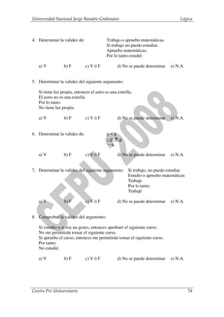 Universidad Nacional Jorge Basadre Grohmann                                      Lógica



4. Determinar la validez de:               Trabajo o apruebo matemáticas.
                                           Si trabajo no puedo estudiar.
                                           Apruebo matemáticas.
                                           Por lo tanto estudié.

   a) V          b) F          c) V ó F          d) No se puede determinar   e) N.A.


5. Determinar la validez del siguiente argumento:

   Si tiene luz propia, entonces el astro es una estrella.
   El astro no es una estrella
   Por lo tanto:
   No tiene luz propia.

   a) V          b) F          c) V ó F          d) No se puede determinar   e) N.A.


6. Determinar la validez de:               p∧q
                                           ~p q
                                           ~q

   a) V          b) F          c) V ó F          d) No se puede determinar   e) N.A.


7. Determinar la validez del siguiente argumento: Si trabajo, no puedo estudiar
                                                  Estudio o apruebo matemáticas
                                                  Trabaje
                                                  Por lo tanto:
                                                  Trabajé

   a) V          b) F          c) V ó F          d) No se puede determinar   e) N.A.


8. Comprobar la validez del argumento:

   Si estudio o si soy un genio, entonces aprobaré el siguiente curso.
   No me permitirán tomar el siguiente curso.
   Si apruebo el curso, entonces me permitirán tomar el siguiente curso.
   Por tanto:
   No estudié.

   a) V          b) F          c) V ó F          d) No se puede determinar   e) N.A.




Centro Pre Universitario                                                               74
 