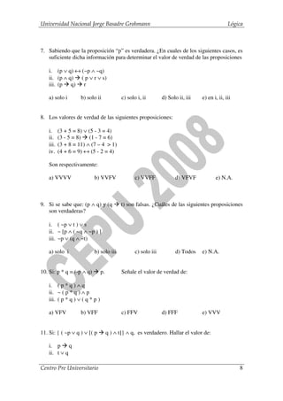 Universidad Nacional Jorge Basadre Grohmann                                                       Lógica



7. Sabiendo que la proposición “p” es verdadera. ¿En cuales de los siguientes casos, es
   suficiente dicha información para determinar el valor de verdad de las proposiciones

    i. (p ∨ q) ↔ (~p ∧ ~q)
    ii. (p ∧ q) ( p ∨ r ∨ s)
    iii. (p q) r

    a) solo i        b) solo ii              c) solo i, ii        d) Solo ii, iii   e) en i, ii, iii


8. Los valores de verdad de las siguientes proposiciones:

    i.     (3 + 5 = 8) ∨ (5 - 3 = 4)
    ii.    (3 - 5 = 8) (1 - 7 = 6)
    iii.   (3 + 8 = 11) ∧ (7 – 4 > 1)
    iv.    (4 + 6 = 9) ↔ (5 - 2 = 4)

    Son respectivamente:

    a) VVVV                b) VVFV                  c) VVFF              d) VFVF           e) N.A.



9. Si se sabe que: (p ∧ q) y (q              t) son falsas. ¿Cuáles de las siguientes proposiciones
   son verdaderas?

    i. ( ~p ∨ t ) ∨ s
    ii. ~ [p ∧ ( ~q ∧ ~p ) ]
    iii. ~p ∨ (q ∧ ~t)

    a) solo i              b) solo iii              c) solo iii          d) Todos   e) N.A.


10. Si: p * q = (-p ∧ q)         p.          Señale el valor de verdad de:

    i. ( p * q ) ∧ q
    ii. ~ ( p * q ) ∧ p
    iii. ( p * q ) ∨ ( q * p )

    a) VFV           b) VFF                  c) FFV               d) FFF            e) VVV


11. Si: { ( ~p ∨ q ) ∨ [( p           q ) ∧ t]} ∧ q, es verdadero. Hallar el valor de:

    i. p q
    ii. t ∨ q

Centro Pre Universitario                                                                               8
 