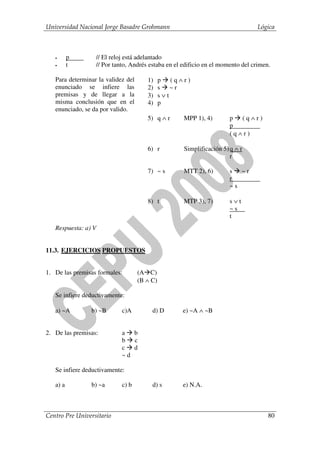 Universidad Nacional Jorge Basadre Grohmann                                      Lógica



   •      p       // El reloj está adelantado
   •      t       // Por tanto, Andrés estaba en el edificio en el momento del crimen.

   Para determinar la validez del      1)     p (q∧r)
   enunciado se infiere las            2)     s ~r
   premisas y de llegar a la           3)     s∨t
   misma conclusión que en el          4)     p
   enunciado, se da por valido.
                                       5) q ∧ r     MPP 1), 4)        p (q∧r)
                                                                      p
                                                                      (q∧r)

                                       6) r         Simplificación 5) q ∧ r
                                                                      r

                                       7) ~ s       MTT 2), 6)        s ~r
                                                                      r
                                                                      ~s

                                       8) t         MTP 3), 7)        s∨t
                                                                      ~s
                                                                      t
   Respuesta: a) V


11.3. EJERCICIOS PROPUESTOS


1. De las premisas formales:        (A C)
                                    (B ∧ C)

   Se infiere deductivamente:

   a) ~A        b) ~B       c)A          d) D      e) ~A ∧ ~B


2. De las premisas:         a b
                            b c
                            c d
                            ~d

   Se infiere deductivamente:

   a) a         b) ~a       c) b         d) s      e) N.A.



Centro Pre Universitario                                                             80
 