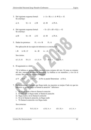 Universidad Nacional Jorge Basadre Grohmann                                                  Lógica



3. Del siguiente esquema formal:                  (~ A ∨ B) ∧ (~ A          E) ∧ ~E
   Se concluye:

   a) A              b) ~ A        c) B           d) ~B           e) N.A.


4. Del siguiente esquema formal:                  ~ S ∧ [S ∨ (H ∨ G)] ∧ ~ G
   Se concluye:

   a) H              b) ~ H        c) G           d) ~B           e) N.A.


5. Dadas las premisas:             P1: ~A ∨ B             P2: A

   Por aplicación de las reglas de inferencia se concluye en:

   i. B       ii. B ∨ C            iii. ~B        iv. ~A               v. C

   Son ciertas:

   a) i, ii, iii     b) i, ii      c) i, ii, iv           d) ii, v     e) i, iii, v.


6. El argumento es válido:

   “Si la ballena es un mamífero entonces toma oxigeno del aire. Si toma su oxigeno
   del aire, entonces no necesita branquias. La ballena es un mamífero y vive en el
   océano. Por tanto, no necesita branquias.

   a) V       b) F          c) V ó F         d) No se puede Determinar e) N.A.


7. De las premisas: “Siempre que llegas tarde, tus maestros se enojan. Cada vez que tus
   maestros se enojan luego te llaman la atención”. Inferimos:

   i.     No llegas tarde o bien te llaman la atención
   ii.    Es falso que si llegas tarde, te llamen la atención
   iii.   llegas tarde y no te llaman la atención
   iv.    Si no le llaman la atención, no llegas tarde
   v.     Te llaman la atención o no llegas tarde.

   Son correctas:

   a) i, ii, iii            b) ii, iii, iv        c) iii, iv, v        d) i, iii, v    e) i, iv, v




Centro Pre Universitario                                                                             81
 