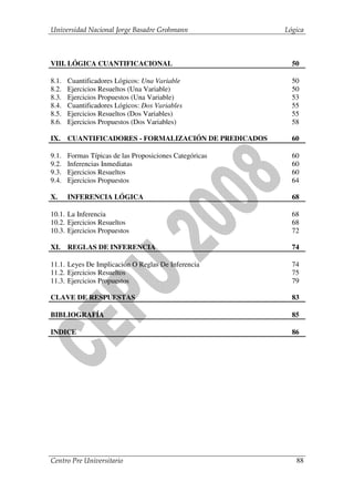 Universidad Nacional Jorge Basadre Grohmann              Lógica



VIII. LÓGICA CUANTIFICACIONAL                              50

8.1.   Cuantificadores Lógicos: Una Variable               50
8.2.   Ejercicios Resueltos (Una Variable)                 50
8.3.   Ejercicios Propuestos (Una Variable)                53
8.4.   Cuantificadores Lógicos: Dos Variables              55
8.5.   Ejercicios Resueltos (Dos Variables)                55
8.6.   Ejercicios Propuestos (Dos Variables)               58

IX.    CUANTIFICADORES - FORMALIZACIÓN DE PREDICADOS       60

9.1.   Formas Típicas de las Proposiciones Categóricas     60
9.2.   Inferencias Inmediatas                              60
9.3.   Ejercicios Resueltos                                60
9.4.   Ejercicios Propuestos                               64

X.     INFERENCIA LÓGICA                                   68

10.1. La Inferencia                                        68
10.2. Ejercicios Resueltos                                 68
10.3. Ejercicios Propuestos                                72

XI.    REGLAS DE INFERENCIA                                74

11.1. Leyes De Implicación O Reglas De Inferencia          74
11.2. Ejercicios Resueltos                                 75
11.3. Ejercicios Propuestos                                79

CLAVE DE RESPUESTAS                                        83

BIBLIOGRAFÍA                                               85

INDICE                                                     86




Centro Pre Universitario                                    88
 