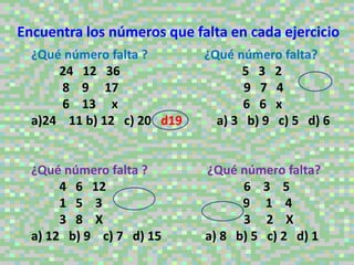 Encuentra los números que falta en cada ejercicio
  ¿Qué número falta ?       ¿Qué número falta?
      24 12 36                    5 3 2
      8 9 17                       9 7 4
      6 13 x                       6 6 x
  a)24 11 b) 12 c) 20 d19     a) 3 b) 9 c) 5 d) 6


  ¿Qué número falta ?       ¿Qué número falta?
       4 6 12                     6 3 5
       1 5 3                      9 1 4
       3 8 X                      3 2 X
  a) 12 b) 9 c) 7 d) 15     a) 8 b) 5 c) 2 d) 1
 