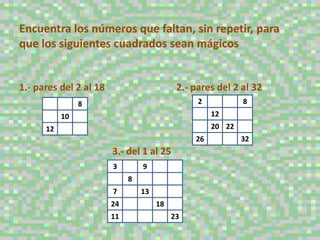 Encuentra los números que faltan, sin repetir, para
que los siguientes cuadrados sean mágicos


1.- pares del 2 al 18                       2.- pares del 2 al 32
                8                                2           8
           10                                        12
      12                                             20 22
                                                26           32
                        3.- del 1 al 25
                        3        9
                             8
                        7        13
                        24            18
                        11                 23
 
