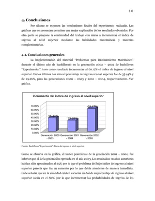 131
4. Conclusiones
Por último se exponen las conclusiones finales del experimento realizado. Las
gráficas que se presentan permiten una mejor explicación de los resultados obtenidos. Por
otra parte se propone la continuidad del trabajo con miras a incrementar el índice de
ingreso al nivel superior mediante las habilidades matemáticas y materias
complementarias.
4.1. Conclusiones generales
La implementación del material “Problemas para Razonamiento Matemático”
durante el último año de bachillerato en la generación 2002 – 2005 de bachilleres
“Experimental”, tuvo como resultado incrementar al 60.17% el índice de ingreso al nivel
superior. En los últimos dos años el porcentaje de ingreso al nivel superior fue de 35.44% y
de 29.26%, para las generaciones 2000 – 2003 y 2001 – 2004, respectivamente. Ver
gráfica.
35.44%
29.26%
60.17%
0.00%
10.00%
20.00%
30.00%
40.00%
50.00%
60.00%
70.00%
Generación 2000
- 2003
Generación 2001
- 2004
Generación 2002
- 2005
Incremento del índice de ingreso al nivel superior
Fuente: Bachilleres “Experimental”. Listas de ingreso al nivel superior.
Como se observa en la gráfica, el índice porcentual de la generación 2001 – 2004, fue
inferior que el de la generación egresada en el año 2003. Los resultados en años anteriores
habían sido aproximados al 35% por lo que el problema del bajo índice de ingreso al nivel
superior parecía que iba en aumento por lo que debía atenderse de manera inmediata.
Cabe señalar que en la localidad existen escuelas en donde su porcentaje de ingreso al nivel
superior oscila en el 80%, por lo que incrementar las probabilidades de ingreso de los
 