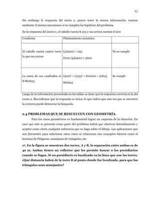 52
Sin embargo la respuesta del
mediante el mism
inciso e, parece tener la misma información, veamos
o mecanismo si se
n la respuesta del inciso e, el caballo cuesta $ 225 y sus arreos cuestan $ 900
ondición lanteamiento numérico
cumplen las hipótesis del problema.
E
C P
El caballo cuesta cuatro veces
que sus arreos
= 225
Error (4)(900) = 3600
No se cumple
lo
(4)(900)
La suma de sus cuadrados es (900)2 + (225)2 = 810000 + 50625 Se cumple
$ 860625
860625
Luego de la información presentada en las tablas se tiene que la respuesta correcta es la del
inciso a. Recordemos que la respuesta es única, lo que indica que una vez que se encontró
la correcta puede detenerse la búsqueda.
2.4 PROBLEMAS QUE SE RESUELVEN CON GEOMETRÍA.
Para los casos geométricos es fundamental lograr un esquema de la situación. En
caso que éste se presente como parte del problema habrá que observar detenidamente y
aceptar como cierta cualquier inferencia que se haga sobre el dibujo. Las aplicaciones que
son frecuentes para solucionar estos casos se relacionan con conceptos básicos como el
orema de Pitágoras, semejanza de triángulos, etc.
7. En la figura se muestran dos torres, A y B, la separación entre ambas es de
42 m. Ambas tienen un reflector que les permite buscar a los presidiarios
uando se fugan. Si un presidiario es loc zado en la línea que une las torres.
¿Qué ncia habrá de la torre B al punto donde fue localizado, para que los
triángulos sean semejantes?
te
1
c ali
dista
 