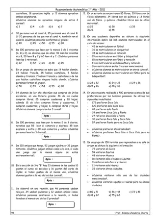 Razonamiento Matemático 1er
Año - 2011
95 Prof. Zósimo Zanabria Olarte
castellano, 18 aprueban inglés y 12 alumnos aprueban
ambas asignaturas.
¿Cuántos alumnos no aprueban ninguno de estos 2
cursos?.
a) 3 b) 4 c) 5 d) 6 e) 7
4. 30 personas ven el canal A, 35 personas ven el canal B.
Si 20 personas de los que ven el canal A, también ven el
canal B. ¿Cuántas personas conforman el grupo?.
a) 40 b) 45 c) 50 d) 55 e) 60
5. De 100 personas que leen por lo menos 2 de 3 revistas
(A, B y C), se observa que de ellas; 40 leen las revistas
A y B, 50 leen B y C y 60 leen A y C. ¿Cuántas personas
leen las 3 revistas?.
a) 22 b) 42 c) 26 d) 28 e) 25
6. En un grupo de personas se sabe que 19 hablan alemán,
23 hablan francés, 25 hablan castellano, 5 hablan
alemán y francés, 7 hablan francés y castellano y de los
que hablan castellano ninguno habla alemán. ¿Cuántas
personas forman el grupo?.
a) 58 b) 59 c) 54 d) 55 e) 60
7. 54 alumnos de 1er año efectúan sus compras de útiles
escolares, en una librería grande. 26 de los cuales
compran libros; 25 compran cuadernos y 28 hojas;
además 15 de ellos compran libros y cuadernos, 7
compran cuadernos, y hojas; 6 compran libros y hojas.
¿Cuántos alumnos compraron las 3 cosas?
8. De 100 personas, que leen por lo menos 2 de 3 diarios,
notamos que 55 leen el comercio y expreso; 35 leen
expreso y extra y 60 leen comercio y extra. ¿Cuántas
personas leen los 3 diarios?.
9. De 120 amigos que tengo, 92 juegan ajedrez y 32 juegan
nintendo. ¿Cuántos juegan ambas cosas a la vez, si cada
uno juega por lo menos alguno de estos
entrenamientos?.
10. En la sección de 3ro “B” hay 23 alumnos de los cuales 10
gustan el curso de sociales y 16 gustan del curso de
inglés; si todos gustan de al menos uno, ¿Cuántos
alumnos gustan a la vez de los dos cursos?.
11. Se observó en una reunión, que 46 personas usaban
relojes, 24 usaban pulseras y 12 usaban ambas cosas.
¿Cuántas personas asistieron a la reunión, si todas
llevaban al menos una de las 2 prendas?
12. En un estante se encontraron 85 libros; 29 libros son de
física solamente; 34 libros son de química y 13 libros
son de física y química. ¿Cuántos libros son de otras
materias?.
a) 25 b) 28 c) 35
d) 22 e) 45
13. En una academia deportiva se obtuvo la siguiente
información sobre los 108 alumnos matriculados en el
ciclo de verano:
- 45 se matricularon en fútbol
- 36 se matricularon en básquetbol
- 38 se matricularon en natación
- 19 se matricularon en fútbol y básquetbol
- 15 se matricularon en fútbol y natación
- 14 se matricularon en básquetbol y natación
- 9 se matricularon en los 3 cursos mencionados.
 ¿Cuántos alumnos se matricularon en otros cursos?.
 ¿Cuántos alumnos se matricularon en fútbol pero no
básquetbol?.
a) 28 y 32 b) 24 y 26 c) 24 y 36
d) 28 y 26 e) 28 y 36
14. En una encuesta realizada a 400 personas acerca de sus
preferencias por las bebidas gaseosas. Se obtuvo los
siguientes resultados:
- 175 prefieren Inca Cola
- 120 prefieren solo Coca Cola
- 48 prefieren solo Fanta
- 39 prefieren Coca Cola y Fanta
- 27 refieren Inca Cola y Fanta
- 30 prefieren Inca Cola y Coca Cola
- 57 prefieren Fanta pero no Coca Cola
 ¿Cuántos prefieren otras bebidas?.
 ¿Cuántos prefieren Inca Cola o Coca Cola pero no
Fanta?.
15. De un grupo de 150 turistas que regresaban a su país de
origen se obtuvo la siguiente información:
- 75 visitaron el Cuzco
- 59 visitaron Iquitos
- 48 visitaron Huaraz
- 18 visitaron sólo el Cusco e Iquitos
- 9 visitaron solo Cuzco y Huaraz
- 21 visitaron solo Huaraz
- 25 visitaron otras ciudades.
 ¿Cuántos visitaron sólo una de las ciudades
mencionadas?.
 ¿Cuántos visitaron Iquitos o Huaraz pero no ambas
ciudades
a) 80 y 71 b) 56 y 48 c) 72 y 81
d) 48 y 62 e) 75 y 65
Rpta :
........................
Rpta :
........................
Rpta :
........................
Rpta :
........................
Rpta :
........................
 