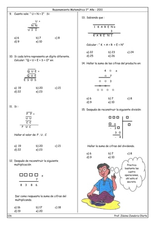 Razonamiento Matemático 1er
Año - 2011
126 Prof. Zósimo Zanabria Olarte
9. Cuanto vale: “ U + N + I” Si:
U +
N N
U I I
a) 6 b) 7 c) 8
d) 9 e) 10
10. Si cada letra representa un dígito diferente.
Calcular: “Q + U + E + S + O” en:
Q U E +
Q U E
E S O S
a) 19 b) 20 c) 21
d) 22 e) 23
11. Si :
P P +
U U
C C
P U C
Hallar el valor de: P . U . C
a) 19 b) 20 c) 21
d) 22 e) 23
12. Después de reconstruir la siguiente
multiplicación
x
7
8 3 8 6
Dar como respuesta la suma de cifras del
multiplicando.
a) 16 b) 17 c) 18
d) 19 e) 20
13. Sabiendo que :
1 K A R E N x
3
K A R E N 1
Calcular : “ K + A + R + E + N”
a) 22 b) 23 c) 24
d) 25 e) 26
14. Hallar la suma de las cifras del producto en:
4  x
 7
  3
 
   
a) 6 b) 7 c) 8
d) 9 e) 10
15. Después de reconstruir la siguiente división:
0 2
- 3
3 0
- 4
Hallar la suma de cifras del dividendo.
a) 6 b) 7 c) 8
d) 9 e) 10
Practica
bastante las
cuatro
operaciones,
ahí esta el
secreto.
 