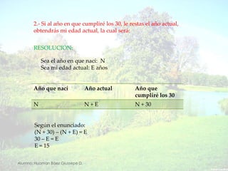 2.- Si al año en que cumpliré los 30, le restas el año actual, obtendrás mi edad actual, la cual será:RESOLUCIÓN:Sea el año en que nací:  NSea mi edad actual: E añosSegún el enunciado:(N + 30) – (N + E) = E30 – E = EE = 15Alumno: Huaman Báez Giussepe D.