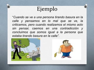 Ejemplo
“Cuando se ve a una persona tirando basura en la
calle y pensamos en lo mal que se ve, la
criticamos, pero cuando realizamos el mismo acto
sin pensar, caemos en una contradicción y
concluimos que somos igual a la persona que
estaba tirando basura en la calle”.
 