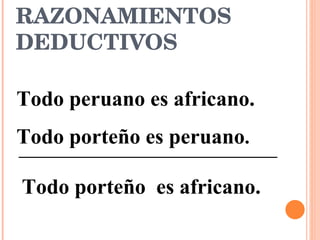 RAZONAMIENTOS DEDUCTIVOS   Todo peruano es africano. Todo porteño es peruano . Todo porteño  es africano. 