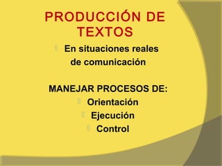 PRODUCCIÓN DE
   TEXTOS
    En situaciones reales
      de comunicación

MANEJAR PROCESOS DE:
     Orientación
      Ejecución
       Control
 