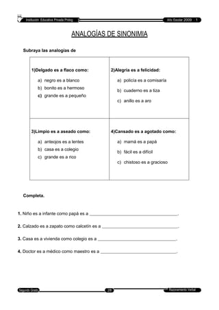 Institución Educativa Privada Prolog Año Escolar 2009 - 1
ANALOGÍAS DE SINONIMIA
Subraya las analogías de
sinonimia.
Completa.
1. Niño es a infante como papá es a .
2. Calzado es a zapato como calcetín es a .
3. Casa es a vivienda como colegio es a .
4. Doctor es a médico como maestro es a .
Razonamiento VerbalSegundo Grado 28
1)Delgado es a flaco como:
a) negro es a blanco
b) bonito es a hermoso
c) grande es a pequeño
2)Alegría es a felicidad:
a) policía es a comisaría
b) cuaderno es a tiza
c) anillo es a aro
3)Limpio es a aseado como:
a) anteojos es a lentes
b) casa es a colegio
c) grande es a rico
4)Cansado es a agotado como:
a) mamá es a papá
b) fácil es a difícil
c) chistoso es a gracioso
 