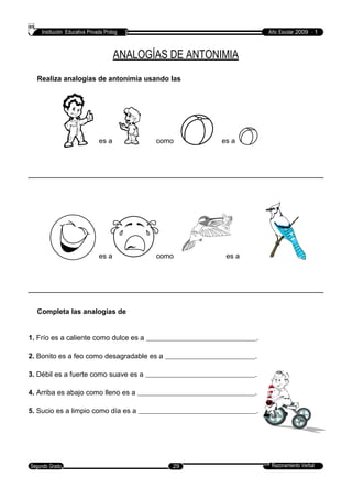 Institución Educativa Privada Prolog Año Escolar 2009 - 1
ANALOGÍAS DE ANTONIMIA
Realiza analogías de antonimia usando las
imágenes.
es a como es a
es a como es a
Completa las analogías de
antonimia.
1. Frío es a caliente como dulce es a .
2. Bonito es a feo como desagradable es a .
3. Débil es a fuerte como suave es a .
4. Arriba es abajo como lleno es a .
5. Sucio es a limpio como día es a .
Razonamiento VerbalSegundo Grado 29
 