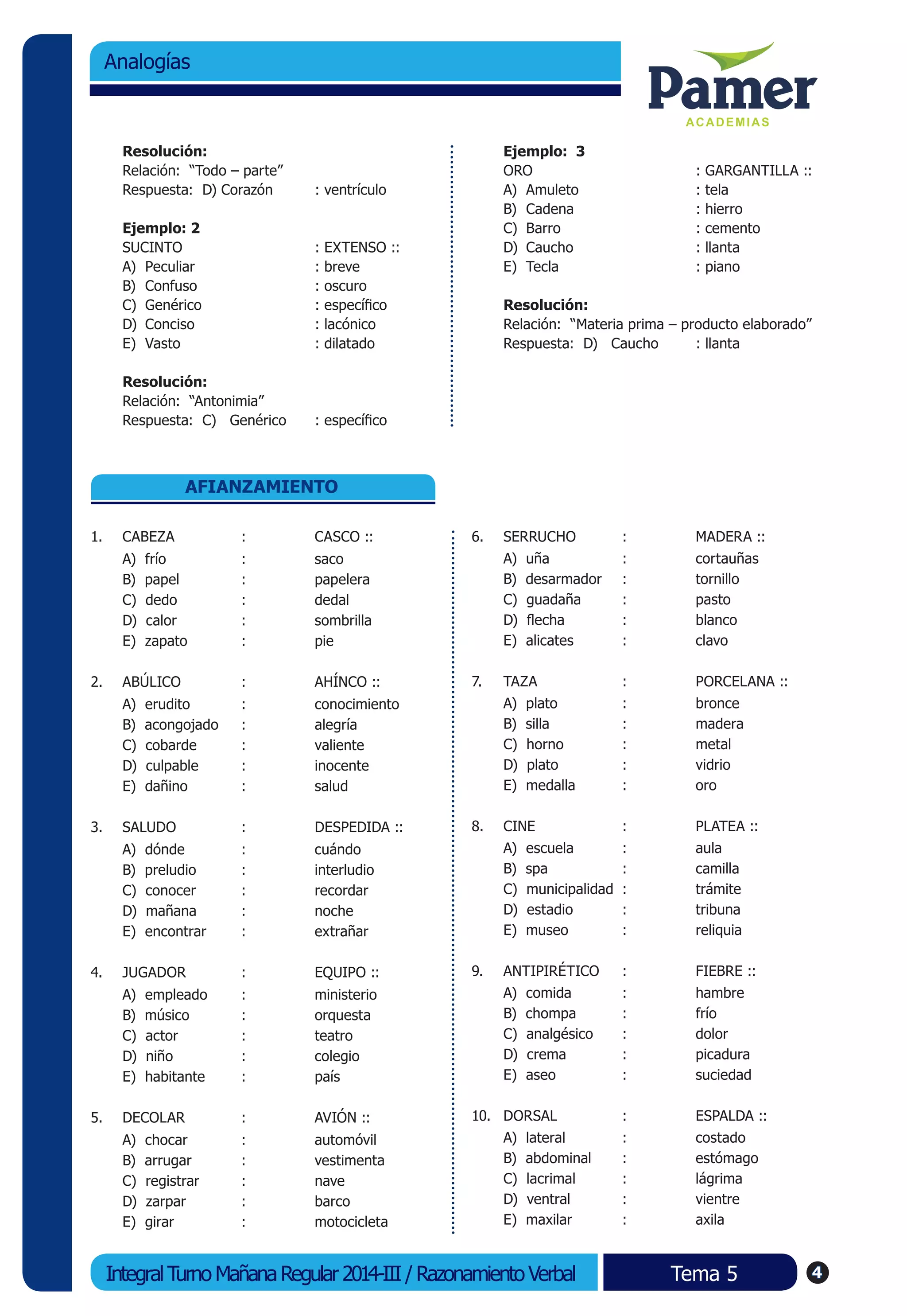 4Integral Turno Mañana Regular 2014-III / Razonamiento Verbal
Ciencia Histórica - Hominización y Prehistoria
Tema 5
Analogías
Resolución:
Relación: “Todo – parte”
Respuesta: D) Corazón 	 : ventrículo
	
Ejemplo: 2
SUCINTO		 : EXTENSO ::
A)	 Peculiar		 : breve
B)	 Confuso		 : oscuro
C)	 Genérico		 : específico
D)	 Conciso		 : lacónico
E)	 Vasto		 : dilatado
Resolución:
Relación: “Antonimia”
Respuesta: C) Genérico	 : específico
Ejemplo: 3
ORO		 : GARGANTILLA ::
A)	 Amuleto		 : tela
B)	 Cadena		 : hierro
C)	 Barro		 : cemento
D)	 Caucho		 : llanta
E)	 Tecla		 : piano
Resolución:
Relación: “Materia prima – producto elaborado”
Respuesta: D) Caucho	 : llanta
1.	 CABEZA	 : 	 CASCO ::
A) frío	 : 	 saco
B) papel	 : 	 papelera
C) dedo	 : 	 dedal
D) calor 	 : 	 sombrilla
E) zapato	 : 	 pie
2.	 ABÚLICO	 : 	 AHÍNCO ::
A) erudito	 : 	 conocimiento
B) acongojado	 : 	 alegría
C) cobarde	 : 	 valiente
D) culpable	 : 	 inocente
E) dañino	 : 	 salud
3.	 SALUDO	 : 	 DESPEDIDA ::
A) dónde	 : 	 cuándo
B) preludio	 : 	 interludio
C) conocer	 : 	 recordar
D) mañana	 : 	 noche
E) encontrar	 : 	 extrañar
4.	 JUGADOR	 : 	 EQUIPO ::
A) empleado	 : 	 ministerio
B) músico	 : 	 orquesta
C) actor	 : 	 teatro
D) niño	 : 	 colegio
E) habitante	 : 	 país
5.	 DECOLAR	 : 	 AVIÓN ::
A) chocar	 : 	 automóvil
B) arrugar	 : 	 vestimenta
C) registrar	 : 	 nave
D) zarpar	 : 	 barco
E) girar	 : 	 motocicleta
6.	 SERRUCHO	 : 	 MADERA ::
A) uña	 : 	 cortauñas
B) desarmador	 : 	 tornillo
C) guadaña	 : 	 pasto
D) flecha	 : 	 blanco
E) alicates	 : 	 clavo
7.	 TAZA	 : 	 PORCELANA ::
A) plato	 : 	 bronce
B) silla	 :	 madera
C) horno	 : 	 metal
D) plato	 : 	 vidrio
E) medalla	 : 	 oro
8.	 CINE	 : 	 PLATEA ::
A) escuela	 : 	 aula
B) spa	 : 	 camilla
C) municipalidad	 : 	 trámite
D) estadio	 : 	 tribuna
E) museo	 : 	 reliquia
9.	 ANTIPIRÉTICO	 : 	 FIEBRE ::
A) comida	 : 	 hambre
B) chompa	 : 	 frío
C) analgésico	 : 	 dolor
D) crema	 : 	 picadura
E) aseo	 : 	 suciedad
10.	 DORSAL	 : 	 ESPALDA ::
A) lateral	 : 	 costado
B) abdominal	 : 	 estómago
C) lacrimal	 : 	 lágrima
D) ventral	 : 	 vientre
E) maxilar	 : 	 axila
AFIANZAMIENTO
 