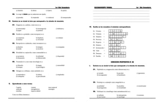 1er Año Secundaria RAZONAMIENTO VERBAL 1er Año Secundaria
a) lamento b) deseo c) espero d) quiero
06. Le exigí al chofer que no anduviera tan rápido.
a) portador b) empleado c) conductor d) transportador
IV. Encierra en un círculo la letra que corresponde a la relación de sinonimia
01. Diagnosis es a análisis, como tesis es a:
a) universidad b) investigación c) biblioteca
d) papel e) profesor
02. Posible es a probable, como incorporar es a:
a) conjeturar b) hipótesis c) evidente
d) dudoso e) verosímil
03. Recepción es a admisión, como incorporar es a:
a) disolver b) integrar c) acompañar
d) medir e) envolver
04. Rivalidad es a oposición, como continuidad es a:
a) secuencia b) infinidad c) disparidad
d) dimensión e) diferenciado
05. Fisonomía es a cara como necrología es a:
a) filosofía b) magia c) mortalidad
d) estupor e) psicológico
06. Denigrar es a difamar, como mediador es a:
a) matemático b) árbitro c) empleador
d) trabajador e) parcializado
V. Aprendiendo a crear textos:
Capitán cosmos nave espacial
androide intergaláctico enemigos
estrellas espacio sideral
Crear un relleno fantástico:
...............................................................................................................................................
...............................................................................................................................................
...............................................................................................................................................
...............................................................................................................................................
...............................................................................................................................................
VI. Escribe en los recuadros el sinónimo correspondiente.
01. Victoria =
02. Trémulo =
03. Altanero =
04. Perverso =
05. Propicio =
06. Drástico =
07. Incineración =
08. Talar =
09. Destreza =
10. Parodia =
I O
M O
A
SO
R N
E R
I
AO
B D
M C
A
E
EJERCICIOS PROPUESTOS N° 06
I. Encierra en un círculo la letra que corresponde a la relación de sinonimia.
01. Hipérbole es a exageración como idiosincrasia es a:
a) variado b) peculiar c) ignominia
d) incongruente e) hereditario
02. Prototipo es a ejemplo como integridad es a:
a) probidad b) prosélito c) recalcitrante
d) protagonista e) versatilidad
03. Soliloquio es a monólogo como autoadmiración es a:
a) sadismo b) masoquismo c) erotismo
d) narcisismo e) tautología
 