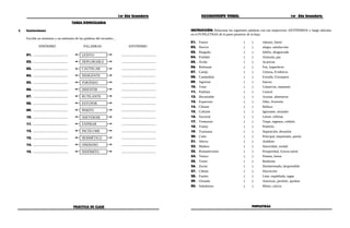 1er Año Secundaria RAZONAMIENTO VERBAL 1er Año Secundaria
TAREA DOMICILIARIA
I. Instrucciones
Escribe un sinónimo y un antónimo de las palabras del recuadro:_
SINÓNIMO
01.
02.
03.
04.
05.
06.
07.
08.
09.
10.
11.
12.
13.
14.
15. ........................................
........................................
........................................
........................................
........................................
........................................
........................................
........................................
........................................
........................................
........................................
........................................
........................................
........................................
........................................
INDÓMITO
ONEROSO
HERMÉTICO
INCÓLUME
EXPIRAR
ASEVERAR
PERITO
ESTUPOR
RUTILANTE
DISENTIR
FORÁNEO
INDIGENTE
CAUTELAR
DEPLORABLE
LESIVO
........................................
........................................
........................................
........................................
........................................
........................................
........................................
........................................
........................................
........................................
........................................
........................................
........................................
........................................
........................................
PALABRAS ANTÓNIMO
PRÁCTICA DE CLASE
INSTRUCCIÓN: Relaciona las siguientes palabras con sus respectivos ANTÓNIMOS y luego ubícalas
en el PUPILETRAS de la parte posterior de la hoja.
01. Futuro ( ) robusto, fuerte
02. Nocivo ( ) elogio, satisfacción
03. Rasguño ( ) Infeliz, desgraciado
04. Fealdad ( ) Armonía, paz
05. Ávido ( ) Acariciar
06. Reformar ( ) Feo, Imperfecto
07. Canijo ( ) Certeza, Evidencia
08. Camándula ( ) Extraño, Extranjero
09. Agraviar ( ) Inocuo
10. Vetar ( ) Conservar, mantener
11. Patíbulo ( ) Central
12. Hecatombe ( ) Ayunar, abstenerse
13. Espacioso ( ) Odio, Aversión
14. Chisme ( ) Belleza
15. Colisión ( ) Ignorante, atrasado
16. Sucursal ( ) Llenar, rellenar
17. Venturoso ( ) Torpe, ingenuo, crédulo
18. Yantar ( ) Pretérito
19. Yuyonasa ( ) Separación, desunión
20. Culto ( ) Principal, importante, patrón
21. Afecto ( ) Antídoto
22. Mañero ( ) Sinceridad, verdad
23. Romanticismo ( ) Prosperidad, Gracia suerte
24. Tóxico ( ) Premio, honor
25. Verter ( ) Realismo
26. Zurrar ( ) Desinteresado, desprendido
27. Cábala ( ) Discreción
28. Fusión ( ) Lista, espabilada, sagaz
29. Oriundo ( ) Autorizar, permitir, aprobar
30. Subalterno ( ) Mimo, caricia
PUPILETRAS
 