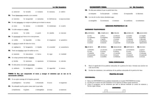 1er Año Secundaria RAZONAMIENTO VERBAL 1er Año Secundaria
a) antisocial b) recatado c) escéptico d) montaraz e) indócil
03. Tiene limitaciones mentales, no es normal.
a) estrechez b) incapacidad c) anomalías d) deficiencias e) equivocaciones
04. Es muy mezquino, no compra un plátano por no botar la cáscara.
a) avaro b) ansioso c) miserable d) misántropo e) cicatero
05. Un niño siempre es crédulo.
a) sincero b) creído c) pueril d) cándido e) inocente
06. Es inverosímil que llueva en la costa peruana.
a) creíble b) imposible c) falaz d) imaginaria e) quimérico
07. La pereza es madre de todos los vicios.
a) negligencia b) haraganería c) dejadez d) ociosidad e) somnolencia
08. Tiene una fortaleza capaz de tumbar un toro.
a) anatomía b) musculatura c) fuerza d) vigor e) vitalidad
09. Su cuerpo presenta muchos estigmas.
a) heridas b) moretones c) equimosis d) hematomas e) máculas
10. El niño piensa con mucha precocidad.
a) sabiduría b) inteligencia c) madurez d) sagacidad e) astucia
FORMA B: Hay que comprender el texto y escoger el sinónimo que se usa en la
conversación cotidiana
01. Es un sujeto enemigo de la limpieza personal.
a) antihigiénico b) cochino c) desatinado d) sucio e) mugriento
02. Ha trabajado mucho quiere comer todo lo que halla.
a) hambriento b) glotón c) heliogábalo d) voraz e) omnívoro
03. No deja para mañana lo que se puede hacer hoy.
a) trabajador b) disciplinado c) idóneo d) responsable e) laborioso
04. Los ríos de la selva tienen abundante agua.
a) navegables b) torrentosos c) extensos d) caudalosos e) turbulentos
EJERCICIOS PROPUESTOS N° 03
SINÓNIMOS TRADICIONALES
01.ESPERMA 02. FAMÉLICO 03.FORJAR 04.GEMELOS 05.GRACIOSO
a) cera a) flaco a) esforzar a) unidos a) cargado
b) confianza b) esqueleto b) inventar b) visión b) gratuito
c) vela c) gordo c) extraer c) anteojos c) gravado
d) lámina d) sediento d) forzar d) músculo d) impuesto
e) semen e) huesito e) apremiar e) articulado e)placentero
06.HUMUS 07. HORMA 08. IMAGINAR 09.IMPÚDICO 10.JOCOSO
a) húmedo a) concreto a) concebible a) encubierto a) placer
b) claro b) forma b) delirar b) serio b) festivo
c) mantillo c) fosa c) concebir c) moral c) tolerante
d) humorado d) alcancía d) fuente d) inmoral d) ampliado
e) festiva e) modelo e) idealizar e) bochorno e) locuaz
TAREA DOMICILIARIA
I. Busca el significado de las palabras subrayadas de la práctica de clase y formula una oración con
cada una de ellas.
II. Escribe tres sinónimos y tres antónimos de las palabras subrayadas de la práctica de clase.
PRÁCTICA DE CLASE
CRUCIGRAMA:
1° Busca los SINÓNIMOS de las palabras enumeradas en la parte POSTERIOR de la hoja.
2° Escribe por lo menos tres (03) sinónimos en los espacios en blanco (parte posterior).
3° Llena el crucigrama con los sinónimos que más se adecuen teniendo en cuenta los números y
flechas según indique.
SINÓNIMOS
4 7
 