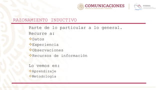 RAZONAMIENTO INDUCTIVO
Parte de lo particular a lo general.
Recurre a:
Datos
Experiencia
Observaciones
Recursos de información
Lo vemos en:
Aprendizaje
Metodología
 