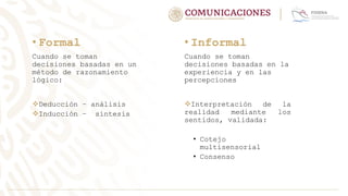 • Formal
Cuando se toman
decisiones basadas en un
método de razonamiento
lógico:
Deducción – análisis
Inducción – síntesis
• Informal
Cuando se toman
decisiones basadas en la
experiencia y en las
percepciones
Interpretación de la
realidad mediante los
sentidos, validada:
• Cotejo
multisensorial
• Consenso
 