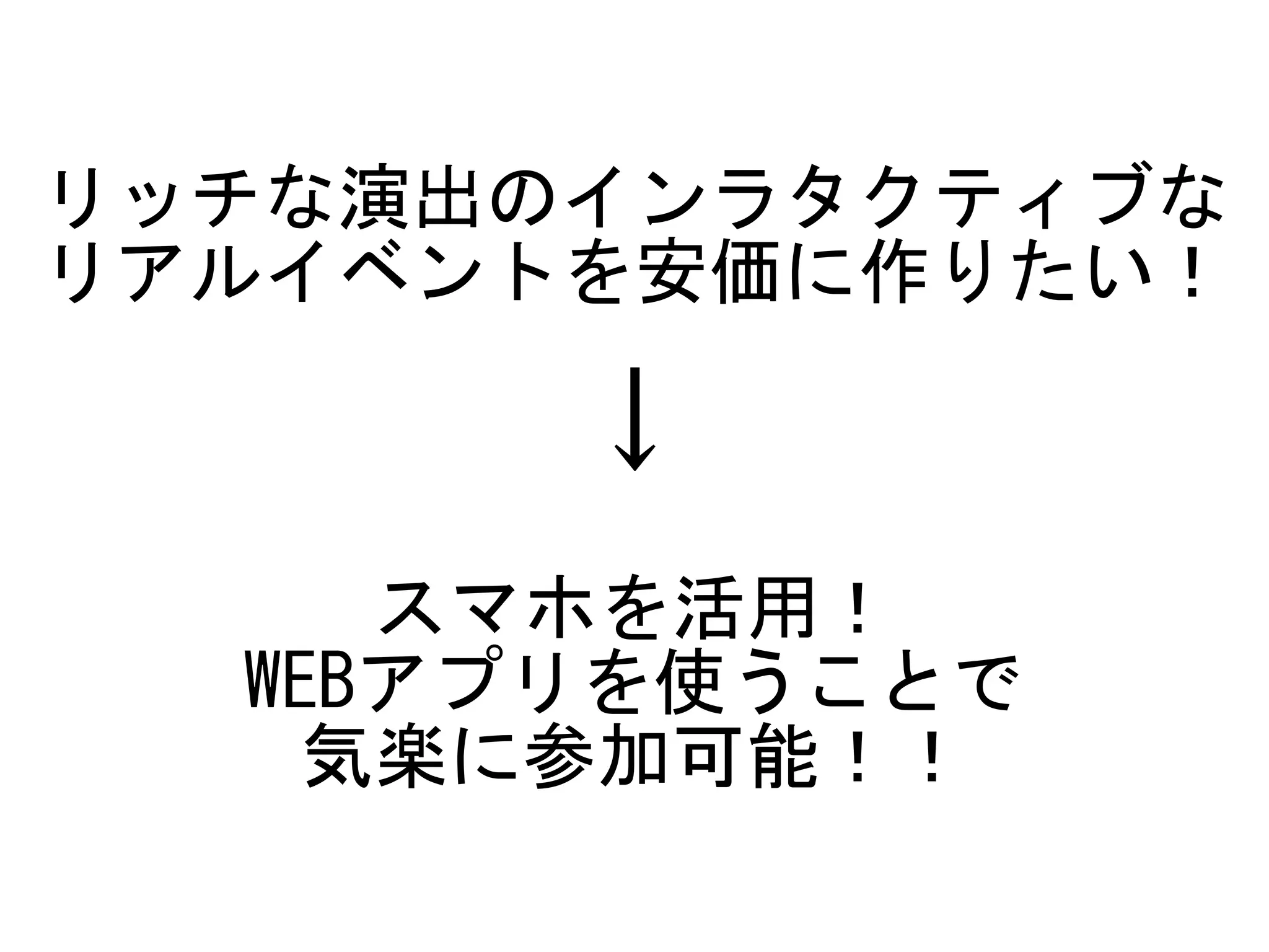 リッチな演出のインラタクティブな
リアルイベントを安価に作りたい！
↓
スマホを活用！	
WEBアプリを使うことで	
気楽に参加可能！！
 