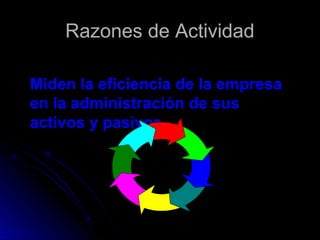 Razones de Actividad

Miden la eficiencia de la empresa
en la administración de sus
activos y pasivos
 