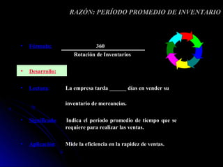 RAZÓN: PERÍODO PROMEDIO DE INVENTARIO



•   Fórmula:                    360
                      Rotación de Inventarios

•   Desarrollo:

•   Lectura:       La empresa tarda ______ días en vender su

                   inventario de mercancías.

•   Significado:   Indica el período promedio de tiempo que se
                   requiere para realizar las ventas.

•   Aplicación:    Mide la eficiencia en la rapidez de ventas.
 