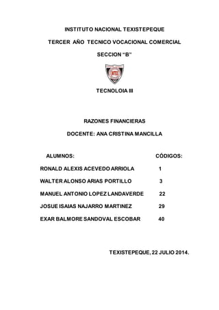 INSTITUTO NACIONAL TEXISTEPEQUE
TERCER AÑO TECNICO VOCACIONAL COMERCIAL
SECCION “B”
TECNOLOIA III
RAZONES FINANCIERAS
DOCENTE: ANA CRISTINA MANCILLA
ALUMNOS: CÓDIGOS:
RONALD ALEXIS ACEVEDO ARRIOLA 1
WALTER ALONSO ARIAS PORTILLO 3
MANUEL ANTONIO LOPEZ LANDAVERDE 22
JOSUE ISAIAS NAJARRO MARTINEZ 29
EXAR BALMORE SANDOVAL ESCOBAR 40
TEXISTEPEQUE,22 JULIO 2014.
 