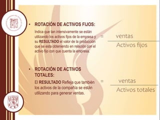 • ROTACIÓN DE ACTIVOS FIJOS:
Indica que tan intensivamente se están
utilizando los activos fijos de la empresa y
su RESULTADO el valor de la producción
que se esta obteniendo en relación con el
activo fijo con que cuenta la empresa.
• ROTACIÓN DE ACTIVOS
TOTALES:
El RESULTADO Refleja que también
los activos de la compañía se están
utilizando para generar ventas.
= ventas
Activos fijos
= ventas
Activos totales
 