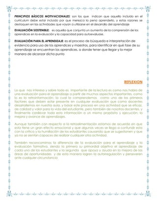 PRINCIPIOS BÁSICOS MOTIVACIONALES: son los que indican que aquello incluido en el
currículum debe estar incluido por que merezca la pena aprenderlo, y estas razones se
destaquen en las actividades que vayan a utilizarse en el desarrollo del aprendizaje
EVALUACIÓN SOSTENIBLE: es aquella que conjunta un aumento de la comprensión de los
aprendices en la evaluación y la capacidad para autoevaluase.
EVALUACIÓN PARA EL APRENDIZAJE: es el proceso de búsqueda e interpretación de
evidencia para uso de los aprendices y maestros, para identificar en qué fase de su
aprendizaje se encuentran los aprendices, a donde tener que llegar y la mejor
manera de alcanzar dicho punto
REFLEXION
Lo que nos intereso y sobre todo es importante de la lectura es como nos habla de
una evaluación para el aprendizaje a partir de muchos aspectos importantes, como
lo es la retroinformación; la cual la comprendemos como uno de los primeros
factores que deben estar presente en cualquier evaluación que como docentes
desarrollemos en nuestra aula, y basar este proceso en una actividad que se eficaz,
de calidad y valor para la vida del estudiante, pero también de nosotros docentes, y
finalmente conllevar toda esta información a un mismo propósito y ejecución: la
mejora y avance de aprendizajes.
Aunque también con respecto a la retroalimentación estamos de acuerdo en que
esta tiene un gran efecto emocional y que algunas veces se llega a confundir esta
con la crítica y la humillación de los estudiantes causando que se sugestionen y que
ya no se sientan capaces de realizar cualquier otra actividad.
También reconcomimos la diferencia de la evaluación para el aprendizaje y la
evaluación formativa, siendo la primera su primordial objetivo el aprendizaje de
cada uno de los estudiantes y la segunda que apoya y ayuda en la mejora de las
áreas de oportunidades y de esta manera logren la autorregulación y perseveren
ante cualquier circunstancia
 