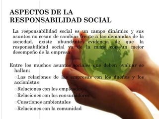 ASPECTOS DE LA
RESPONSABILIDAD SOCIAL
La responsabilidad social es un campo dinámico y sus
asuntos no cesan de cambiar fre...