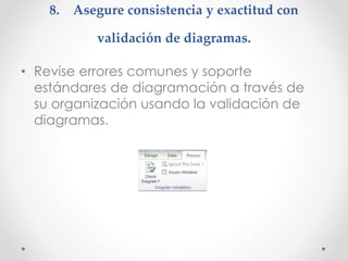 8. Asegure consistencia y exactitud con
validación de diagramas.
• Revise errores comunes y soporte
estándares de diagramación a través de
su organización usando la validación de
diagramas.
 