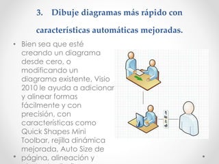 3. Dibuje diagramas más rápido con
características automáticas mejoradas.
• Bien sea que esté
creando un diagrama
desde cero, o
modificando un
diagrama existente, Visio
2010 le ayuda a adicionar
y alinear formas
fácilmente y con
precisión, con
características como
Quick Shapes Mini
Toolbar, rejilla dinámica
mejorada, Auto Size de
página, alineación y
 