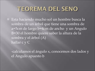 Esta haciendo mucho sol un hombre busca la sombra de un árbol que tiene una sombra de a=5cm de largo b=4cm de ancho  y un Angulo B=30 el hombre quiere saber la altura de la sombra y el árbol (A) hallar c y C -calculamos el ángulo x, conocemos dos lados y el Angulo apuesto b 