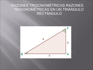 RAZONES TRIGONOMÉTRICAS RAZONES TRIGONOMÉTRICAS EN UN TRIÁNGULO  RECTÁNGULO 