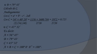  B = 79° 43„
Cálculo de C.
Análogamente:
Cos C = a² + b² - c² . 2ab
Cos C = 34² + 40² 28² = 1156 + 1600 784 = 1972 = 0.725
         (2) (34) (40)       2720         2720
 C = 43° 32´
Es decir:
A = 56° 45"
B = 79° 43'
C = 43° 32'
A + B + C = 180º 0' 0‟‟ = 180°.
 