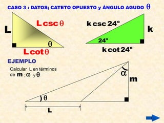 CASO 3 : DATOS; CATETO OPUESTO y ÁNGULO AGUDO   

            L csc        k csc 24o
L                                               k
                             24o
            
      Lcot                    k cot 24o
EJEMPLO

                                      
Calcular L en términos
de m ;  y 
                                          m

              )
                   L
 