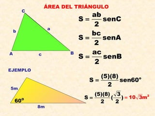 ÁREA DEL TRIÁNGULO
A B
C
a
b
c
ab
S senC
2
=
bc
S senA
2
=
ac
S senB
2
=
EJEMPLO
5m
8m
O
60
o(5)(8)
S sen60
2
=
(5)(8) 3
S ( )
2 2
= 2
10 3m=
 