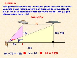 Una persona observa en un mismo plano vertical dos ovnis
volando a una misma altura con ángulos de elevación de
530
y 370
si la distancia entre los ovnis es de 70m ¿A qué
altura están los ovnis?
EJEMPLO :
SOLUCIÓN
) ) o
37
O
53
70
12k 12k
)
O
53
9k
) o
37
16k
+
9k +70 = 16k k = 10 H = 120
=H
 