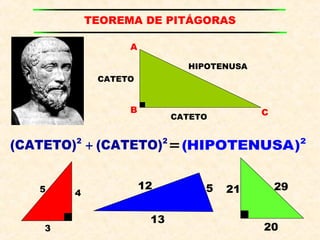 TEOREMA DE PITÁGORAS
A
B C
CATETO
CATETO
HIPOTENUSA
2 2
(CATETO) (CATETO)+ = 2
(HIPOTENUSA)
3
45 512
13
20
21 29
 