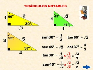 TRIÁNGULOS NOTABLES
1 2
3
o
30 (
)
O
60
1
1
2
o
45
o
45
(
)
3
4
5
o
37
o
53
(
)
o
sen30 =
1
2
o
tan60 = 3
o
sec 45 = 2
o
cot 37 =
4
3
o
tan30 =
1
3
3
x
3
3
3
=
o
sen45 =
1
2
2
x
2
2
2
=
 