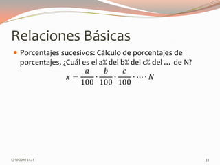 Relaciones BásicasPorcentajes sucesivos: Cálculo de porcentajes de porcentajes, ¿Cuál es el a% del b% del c% del … de N?𝑥=𝑎100∙𝑏100∙𝑐100∙…∙𝑁 14-06-2010 12:19 am33