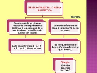 Media diferencial o media
aritmética
Es cada uno de los términos
medios de una equidiferencia
continua, o sea cada uno de los
medios de una equidiferencia,
cuando son iguales.
En la equidiferencia 8 – 6 = 6 –
4, la media diferencial es 6.
La media diferencial es
igual a la semisuma de los
extremos.
Sea la equidiferencia a-
b=b-c. Vamos a demostrar
que b =a+c/2
Ejemplo:
12-9=9-6
tenemos
9=12+6/2
Teorema
 