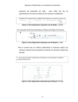 Razones y Proporciones y su conexión con otras áreas
53
excepción del presentado por Katty, quien utiliza otro tipo de
argumentación en el que da muestra de una estructura multiplicativa.
Figura 3. Guía diagnostica respuesta uno de Katty L., C.V.A
Una respuesta similar fue presentada por Brayan del colegio las Americas
Figura 4. Guía diagnostica respuesta uno de Brayan L., C.A.
Para el numeral dos se continúa evidenciando la estructura aditiva que
maneja la mayoría de los estudiantes al resolver una situación problema de
este tipo.
2. En un aula por cada 7 alumnos hay 4 alumnas, si en el salón hay 16 alumnas
¿Cuántas alumnos hay?
Figura 5. Guía diagnostica respuesta dos de Brayan V. C.V.A
 