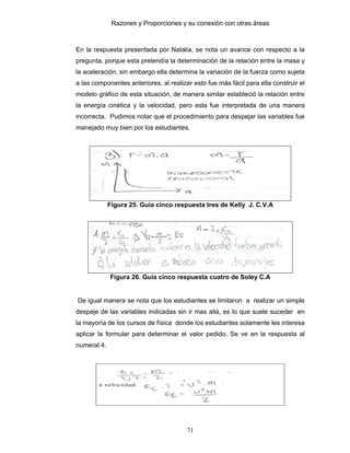 Razones y Proporciones y su conexión con otras áreas
71
En la respuesta presentada por Natalia, se nota un avance con respecto a la
pregunta, porque esta pretendía la determinación de la relación entre la masa y
la aceleración, sin embargo ella determina la variación de la fuerza como sujeta
a las componentes anteriores, al realizar esto fue más fácil para ella construir el
modelo gráfico de esta situación, de manera similar estableció la relación entre
la energía cinética y la velocidad, pero esta fue interpretada de una manera
incorrecta. Pudimos notar que el procedimiento para despejar las variables fue
manejado muy bien por los estudiantes.
Figura 25. Guía cinco respuesta tres de Kelly J. C.V.A
Figura 26. Guía cinco respuesta cuatro de Soley C.A
De igual manera se nota que los estudiantes se limitaron a realizar un simple
despeje de las variables indicadas sin ir mas allá, es lo que suele suceder en
la mayoría de los cursos de física donde los estudiantes solamente les interesa
aplicar la formular para determinar el valor pedido. Se ve en la respuesta al
numeral 4.
 